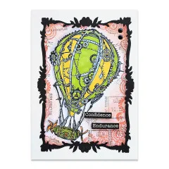 Karte im schwarzen Petal Frame mit Steampunk-Heißluftballon und Confidence, Endurance