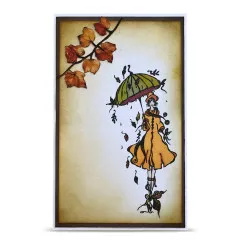 Karte mit Dame im gelben Mantel mit Schirm und Zweig mit Herbstlaub