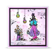 Rosa Karte mit Dame in Lila und Pink, hängenden Kugeln, Vase und Schriftzug holidays