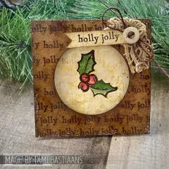 Karte mit Stechpalme im runden Ausschnitt und Hintergrund aus holly jolly