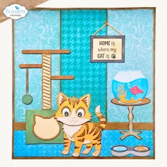 Karte mit Katze, Kratzbaum und Goldfischglas.