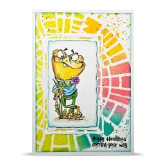 Karte mit weißem Royal Frame, Frosch in Weste, Regenbogen-Schablone und Hoppy thoughts coming your way