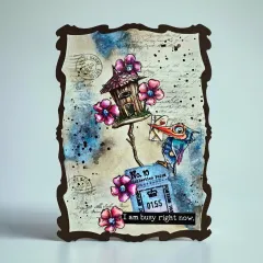 Karte mit Vogelhaus, pinken Blüten, Vogel mit Brief und I am busy right now