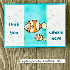 Karte mit zwei Clownfischen, Blasen und Spruch I fish you where here