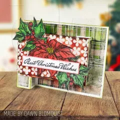 Karte mit Weihnachtsstern und Stechpalme auf Karopapier und Best Christmas Wishes
