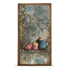Vintage-Karte mit Schablonenmuster, Kaffeetasse, Croissant und Macarons