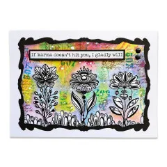 Karte mit Folk-Art-Blüten auf bunt und Spruch If karma doesn't hit you