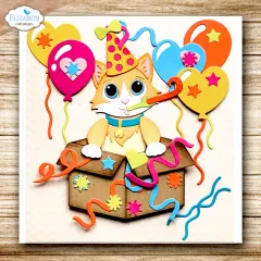 Karte mit Katze in Partyhut, die aus einer Box mit Ballons schaut.