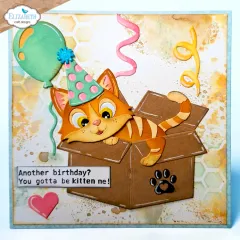 Karte mit Katze, die aus brauner Box mit Wabenmuster-Hintergrund lehnt.