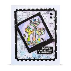 Karte mit schwarzem Ticketrahmen, zwei bunten Katzen und Spruch Happiness is a warm cat