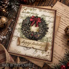 Vintage-Karte mit Kranz mit roter Schleife und Banner happy holidays