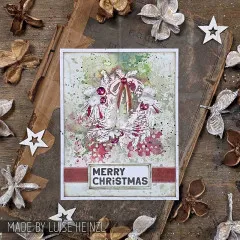 Karte mit weiß embossiertem Kranz auf Rosa und Schild Merry Christmas
