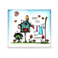 Weiße Karte mit Vogelhaus, Rotkehlchen, Wäscheleine, Mohnblumen und Laundry today or naked tomorrow