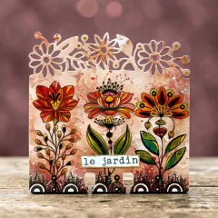 Karte mit drei roten Folk-Art-Blüten, Blütenbordüre oben und Etikett le jardin