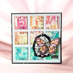 Karte mit neun Briefmarken-Tickets mit Zahlen in Pastell und Schmetterling, Etikett Lead