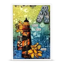Karte mit Leuchtturm, Sonnenblumen, gestempelten Tickets und Etiketten Shine, Glow, Calm