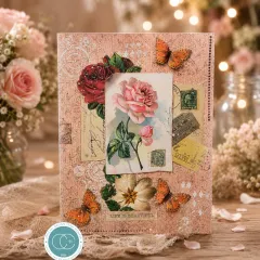 Karte in Rosa mit Rose, Schmetterlingen, Briefmarke und Tickets auf Old-Ledger-Papier