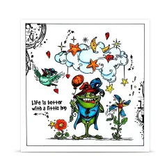 Weiße Karte mit Frosch mit Hut, Wolke mit Sternen, Vogel und Life is better with a little hop