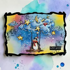 Karte mit Wolke, Sternen, Pinguin auf Schaukel und Life's good