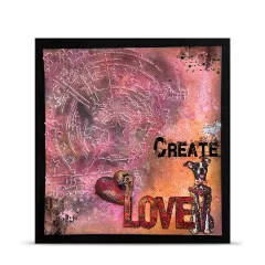 Karte in Rosa mit geprägtem Sternenmuster, Hund, Herz und Schriftzügen LOVE und CREATE