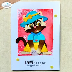 Karte mit Katze in Hut und lila-türkisem Outfit.