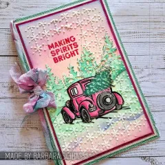Karte mit pinkem Oldtimer und Tannenbaum vor Schneeflocken und Text Making spirits bright