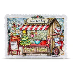Karte 'market day' mit Weihnachtsmarktstand, Wein, Teddybär und Pinguin
