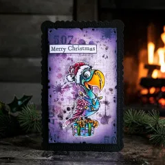 Lila Karte 'Merry Christmas' mit Papagei und Geschenk