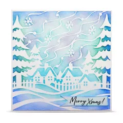 Blau-türkise Karte 'Merry Xmas!' mit durch Schablone gestalteter Winterlandschaft und Häusern