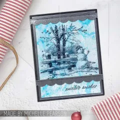 Karte mit blauer Winterszene, Schneemann und Bogenrand-Bordüre und winter wishes