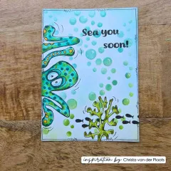 Aquarellkarte mit grünem Oktopus und Meerespflanzen in bunten Farben