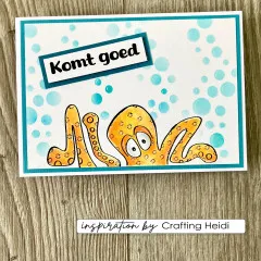 Grußkarte mit orangem Oktopus und Sprüchen eingerahmt von hellblauen Seifenblasen