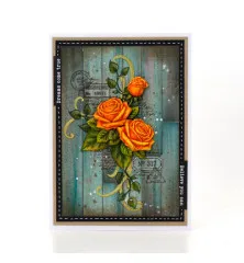 Grußkarte in Türkis und Braun mit drei orangen Rosen verziert