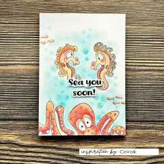 Grußkarte mit zwei Seepferdchen, Oktopus und Sprüchen auf hellblauem Hintergrund mit Seifenblasen