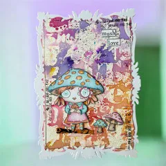 Bunte Karte mit Pilzmädchen mit blauem Pilzhut und Etiketten mush love