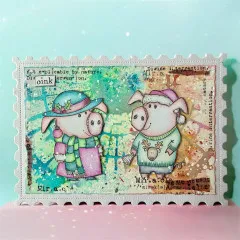 Mixed-Media-Karte 'oink' mit zwei weihnachtlich gekleideten Schweinen