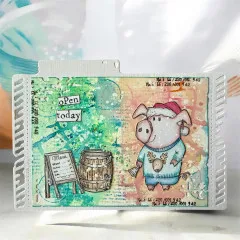 Mixed-Media-Karte 'open today' mit einem Schwein, Fass und Menütafel