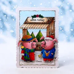 Winterkarte 'open today – Cheers' mit zwei Schweinen vor Marktstand