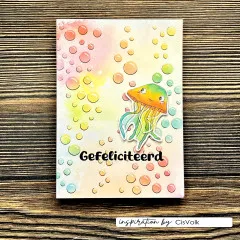 Karte mit Qualle vor regenbogenfarbenen Blasen und Text Gefeliciteerd
