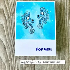 Blaue Grußkarte mit zwei niedlichen Seepferdchen und Aufschrift For You