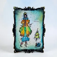 Karte im Ornamentrahmen mit Dame in Regenbogenfarben, Laternen und Shine