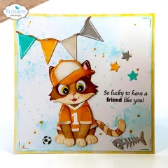 Karte mit Katze im orangen Sportdress und Wimpelkette.
