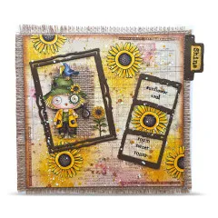 Karte mit Wandererfigur im Rahmen, Sonnenblumen und Etiketten sunflower soul