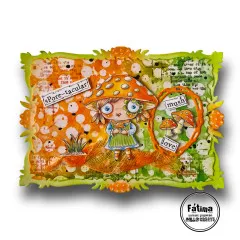 Orange Karte mit Pilzmädchen, Pilz im Kreis und Etiketten spore-tacular, mush love