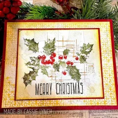 Karte mit Stechpalmenzweig, roten Beeren und Merry Christmas