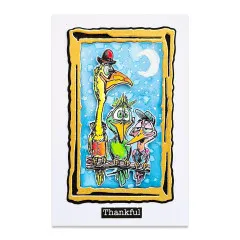 Karte mit gelb-schwarzem Royal Frame, drei Vögeln auf einem Ast unter dem Mond und Thankful