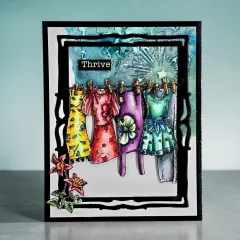 Schwarz gerahmte Karte mit Wäscheleine voller bunter Kleider, Blumen und Etikett Thrive