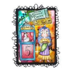 Bunte Karte mit Ticketschalter, Huhn, Mädchen mit blauen Haaren und Ticket Emerald Circus