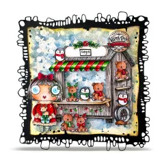 Karte 'toys – North Pole Toy Company' mit Mädchenfigur, Teddys und Pinguin am Spielzeugstand