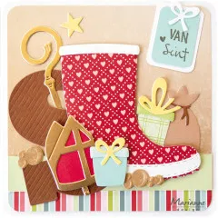 Sinterklaas-Karte mit rotem Stiefel mit Herzmuster, Mitra, Stab, Geschenken, Pfeffernüssen und Anhänger Van Sint